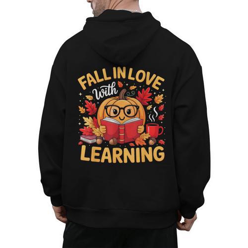 Fall In Love With Learning Pumpkin Thanksgiving Teacher Fall Men's Hoodie Back Print - teacherstshirts.com AU