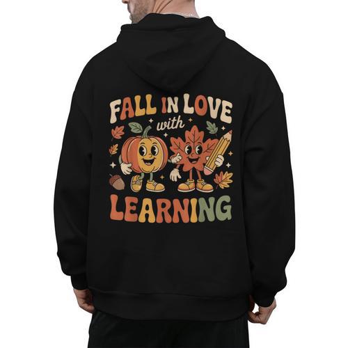 Fall In Love With Learning Retro Autumn Thanksgiving Teacher Men's Hoodie Back Print - teacherstshirts.com AU