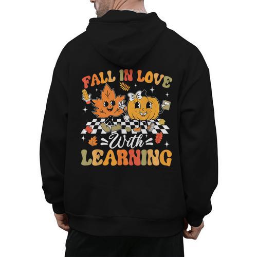 Fall In Love With Learning Fall Teacher Thanksgiving Retro Men's Hoodie Back Print - teacherstshirts.com DE