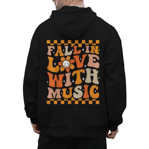 Fall In Love With Music Groovy Thanksgiving Music Teacher Men Women Girls Kids Men's Hoodie Back Print - teacherstshirts.com AU
