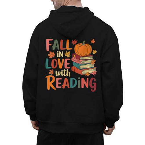 Fall In Love With Reading Autumn Thanksgiving Shirt Teacher Men's Hoodie Back Print - teacherstshirts.com