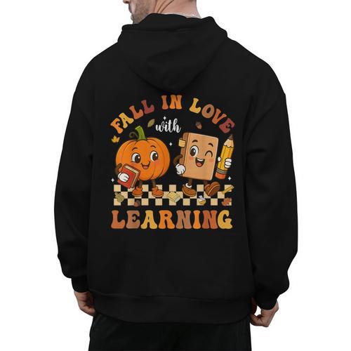 Fall In Love With Reading Book Autumn Pumpkins And Teachers Men's Hoodie Back Print - teacherstshirts.com DE