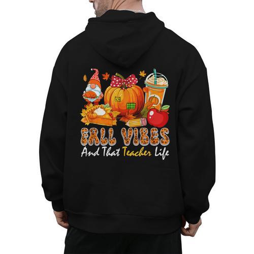 Fall Vibes Costume Teacher Thanksgiving Leopard Gnome Men's Hoodie Back Print - teacherstshirts.com AU