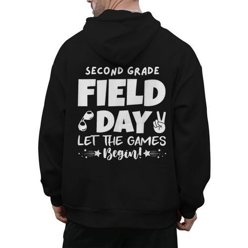 Field Day Second 2nd Grade Orange 2025 Boy Girl Teacher Men's Hoodie Back Print - teacherstshirts.com UK
