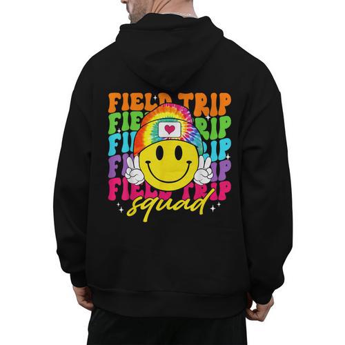 Field Trip Squad Groovy Field Day Smile Face Teacher Tie Dye Men's Hoodie Back Print - teacherstshirts.com UK