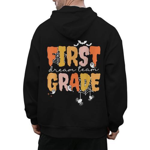 First Grade Dream Retro Team Fall Halloween Spooky Teachers Men's Hoodie Back Print - teacherstshirts.com CA