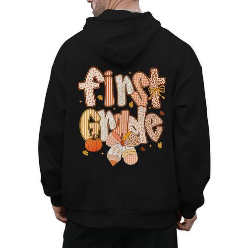 First Grade Fall Floral Coquette Bow Teachers Students Men's Hoodie Back Print - teacherstshirts.com CA