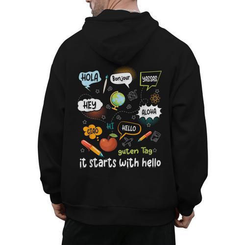 Friendship Inclusion Language Teacher It Starts With Hello Men's Hoodie Back Print - teacherstshirts.com AU