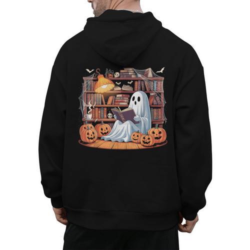 Ghost Book Reading Halloween Books Lover Teacher Men's Hoodie Back Print - teacherstshirts.com AU