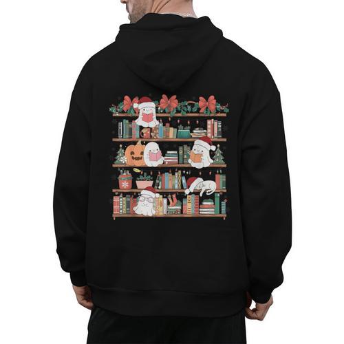 Ghost Christmas Reading Book Lover Library Christmas Teacher Men's Hoodie Back Print - teacherstshirts.com AU