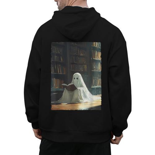 Ghost Library Halloween Book Reading Books Lover Teacher Men's Hoodie Back Print - teacherstshirts.com AU