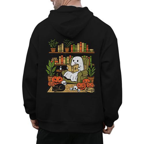 Ghost Library Reading Books Halloween Librarian Teacher Men's Hoodie Back Print - teacherstshirts.com UK