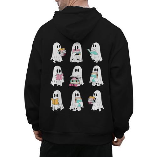 Ghost Reading Books Spooky Librarian Teacher Women Men's Hoodie Back Print - teacherstshirts.com AU