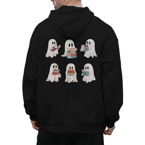 Ghost Reading Books Teacher Halloween Librarian Cute Boook Men's Hoodie Back Print - teacherstshirts.com AU