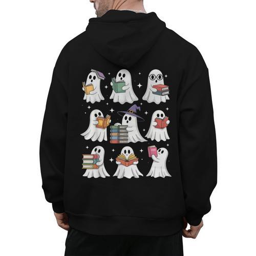 Ghost Reading Teacher Halloween Costume Librarian Book Lover Men's Hoodie Back Print - teacherstshirts.com