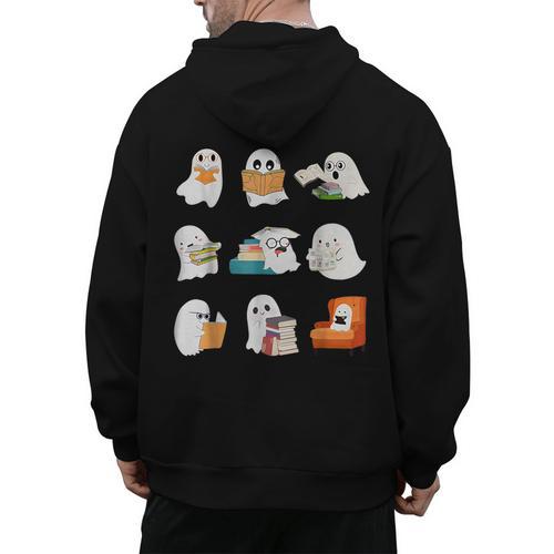 Ghost Reading Teacher Halloween Librarian Book Lover School Men's Hoodie Back Print - teacherstshirts.com AU