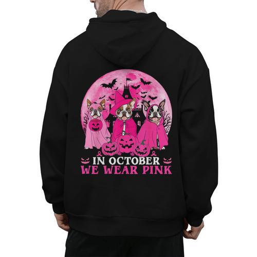 Ghost And Witch Boston Terrier Dog In October We Wear Pink Men's Hoodie Back Print - Bostonterriersmerch.com