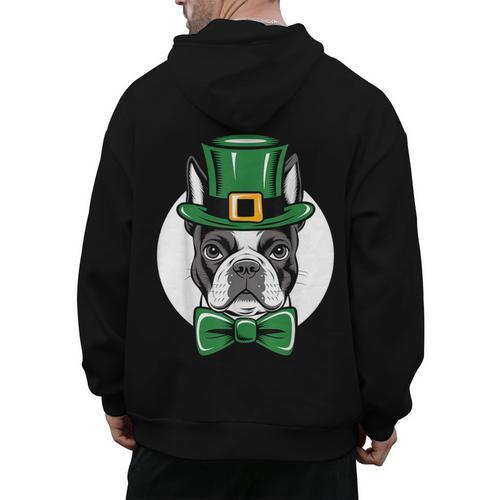 Green Boston Terrier Shamrock St Patricks Day Boston Terrier Men's Hoodie Back Print - Bostonterriersmerch.com