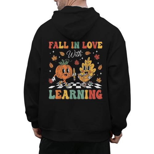 Groovy Fall In Love With Learning Autumn Pumpkin Teacher Men's Hoodie Back Print - teacherstshirts.com CA
