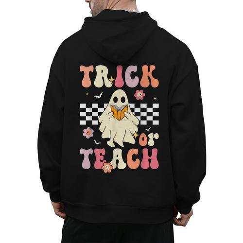 Groovy Teacher Halloween Retro Trick Or Teach Floral Ghost Men's Hoodie Back Print - teacherstshirts.com AU