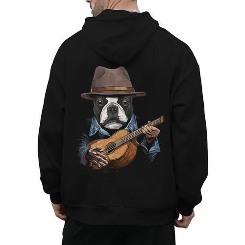Guitar Shirt Boston Terrier Dog Playing Acoustic Guitar Men's Hoodie Back Print - Bostonterriersmerch.com