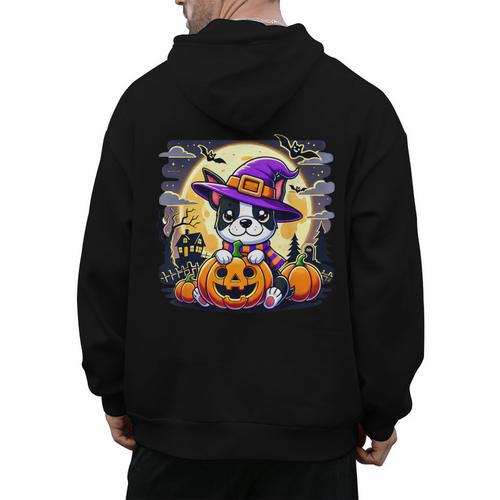 Halloween Boston Terrier Dog Breed With Jack O' Lantern Art Men's Hoodie Back Print - Bostonterriersmerch.com