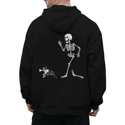 Halloween Boston Terrier And Skeleton Men's Hoodie Back Print - Bostonterriersmerch.com
