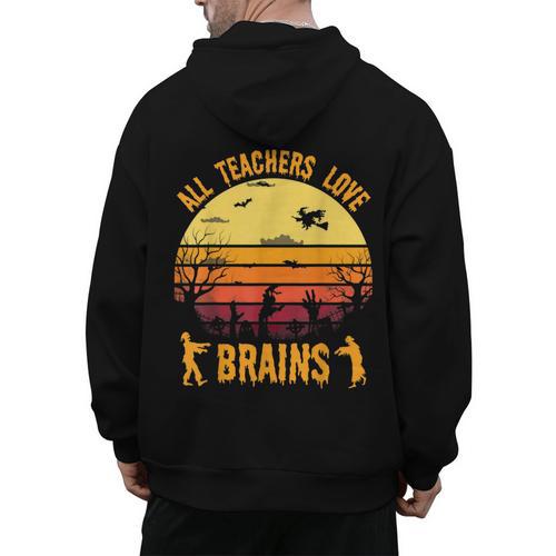 Halloween Costume Teacher Love Brains Zombie Men's Hoodie Back Print - teacherstshirts.com UK