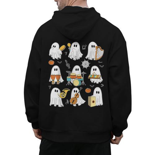 Halloween Ghost Music Teacher Playing Instruments Men's Hoodie Back Print - teacherstshirts.com UK