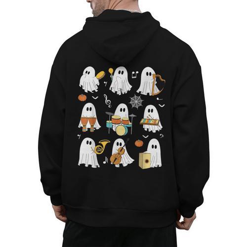 Halloween Ghost Playing Musical Instruments Music Teacher Men's Hoodie Back Print - teacherstshirts.com
