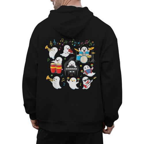 Halloween Music Teacher Ghost Playing Musical Instruments Men's Hoodie Back Print - teacherstshirts.com UK