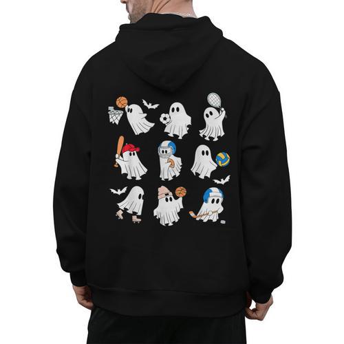 Halloween PE Teacher Ghost Playing Soccer Football Baseball Men's Hoodie Back Print - teacherstshirts.com AU
