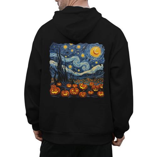 Halloween Pumpkin Starry Night Van Gogh Art Teacher Men's Hoodie Back Print - teacherstshirts.com DE