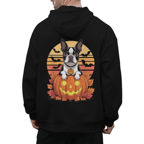 Halloween Retro Boston Terrier Men's Hoodie Back Print - Bostonterriersmerch.com