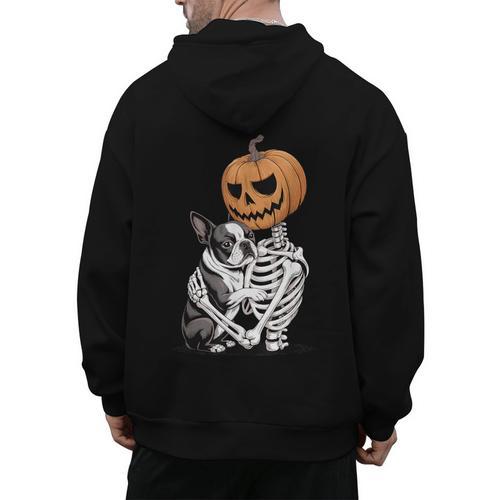 Halloween Skeleton Boston Terrier Men's Hoodie Back Print - Bostonterriersmerch.com