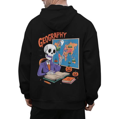 Halloween Skeleton Geography Teacher Pumpkin Bats Classroom Men's Hoodie Back Print - teacherstshirts.com