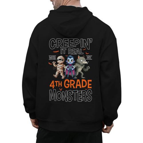 Halloween Teacher Creepin It Real With My 4th Grade Monsters Men's Hoodie Back Print - teacherstshirts.com CA