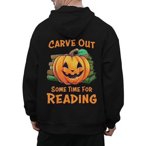 Halloween Teacher Librarian Pumpkin Reading Books Men Women Kids Men's Hoodie Back Print - teacherstshirts.com