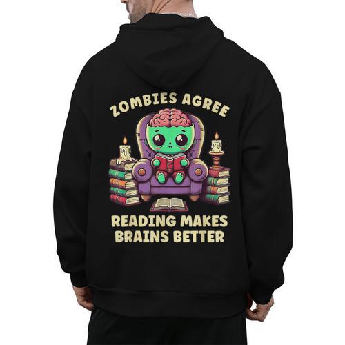 Halloween Teacher Zombie Reading Is Good For Brains Men's Hoodie Back Print - teacherstshirts.com DE