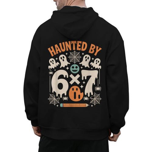 Haunted By 6x7 Math Teacher Halloween Pun Men's Hoodie Back Print - teacherstshirts.com UK