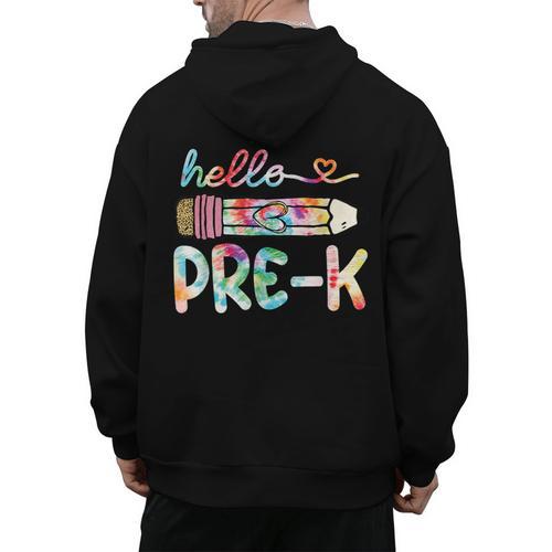 Hello Pre-K Pencil Teacher Student Tie Dye Men's Hoodie Back Print - teacherstshirts.com