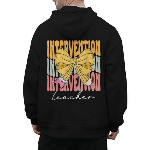 Interventionist Teacher Groovy Coquette Bow Back To School Men's Hoodie Back Print - teacherstshirts.com AU