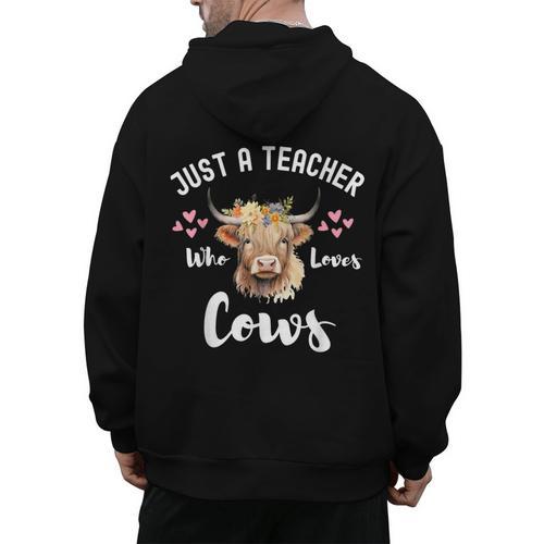 Just A Teacher Who Loves Cows Shirt Cute Highland Cow Men's Hoodie Back Print - teacherstshirts.com AU
