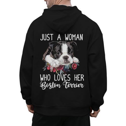 Just a Woman Who Loves Her Boston Terrier Cute Dog Mom Men's Hoodie Back Print - Bostonterriersmerch.com