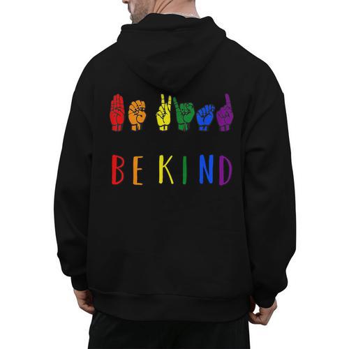 Be Kind Pride Sign Language Rainbow Teachers Interpreter ASL Men's Hoodie Back Print - teacherstshirts.com DE