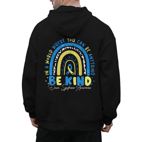 Be Kind Rainbow Down Syndrome Awareness Teacher Blue Yellow Men's Hoodie Back Print - teacherstshirts.com DE
