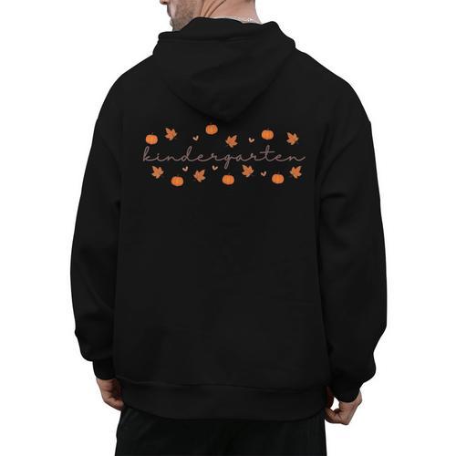 Kindergarten Teacher Pumpkin Autumn Leaves Kinder Team Fall Men's Hoodie Back Print - teacherstshirts.com CA