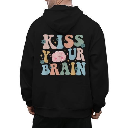 Kiss Your Brain Teacher Inspire Educate Groovy Retro Vintage Men's Hoodie Back Print - teacherstshirts.com