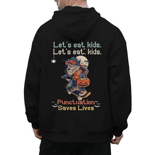 Let's Eat Kids Grammar Werewolf Halloween Teacher Men's Hoodie Back Print - teacherstshirts.com AU