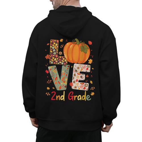 Love 2nd Grade Happy Fall Thanksgiving For 2nd Teacher For Men Women Girls Kids Men's Hoodie Back Print - teacherstshirts.com CA